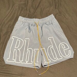 Rhude Men's Gray Swim Shorts with White Logo and Yellow Drawstring